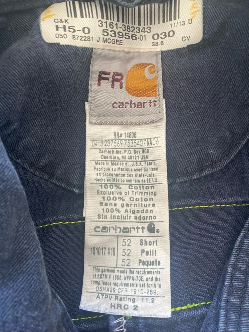 Carhartt FR Work Coveralls Jumpsuit Canvas Cotton Navy Blue Sz. 52 Short
